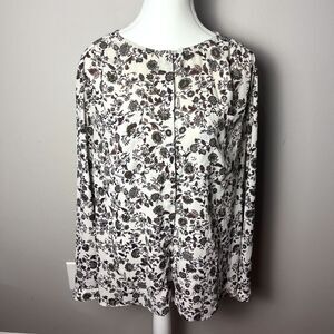 LOFT Women's Top Button Down Shirt Cream Red Floral Long Sleeve Size XLarge XL